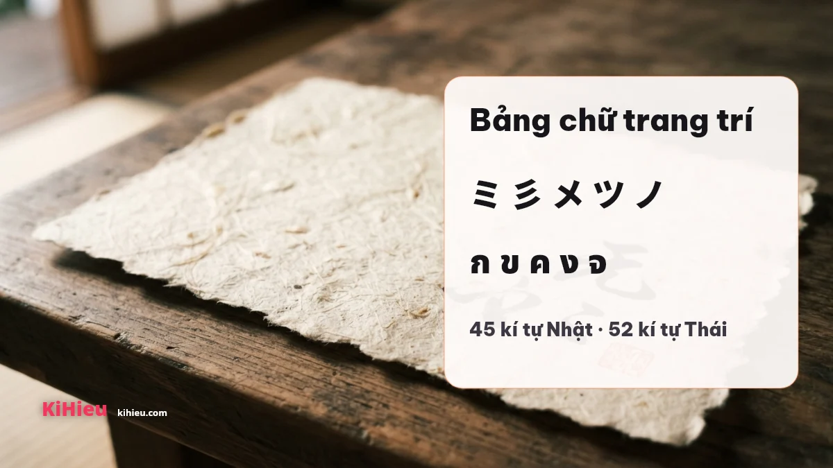 Tờ giấy thủ công trên bàn gỗ, kèm thẻ trắng in kí tự katakana và kí tự Thái dùng để trang trí tên