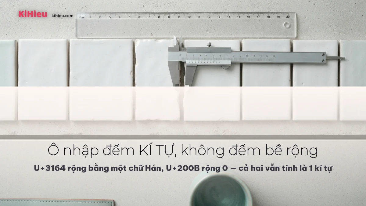 Thước kẻ và thước cặp đo khoảng hở giữa các ô vuông sáng màu, minh hoạ việc đo bề rộng kí tự khoảng trắng