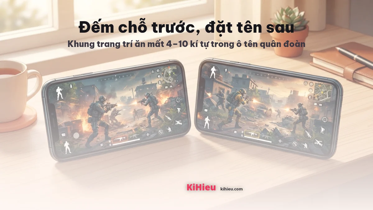 Hai điện thoại đặt trên bàn gỗ sáng hiển thị màn hình chơi game, kèm ghi chú đếm chỗ trước rồi đặt tên sau