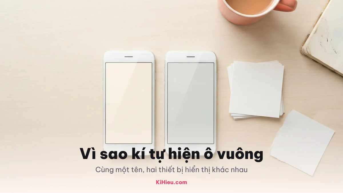 Hai điện thoại giống nhau đặt cạnh nhau, một màn hình hiện rõ một màn hình xám mờ — minh hoạ cùng một tên hiển thị khác nhau giữa hai thiết bị