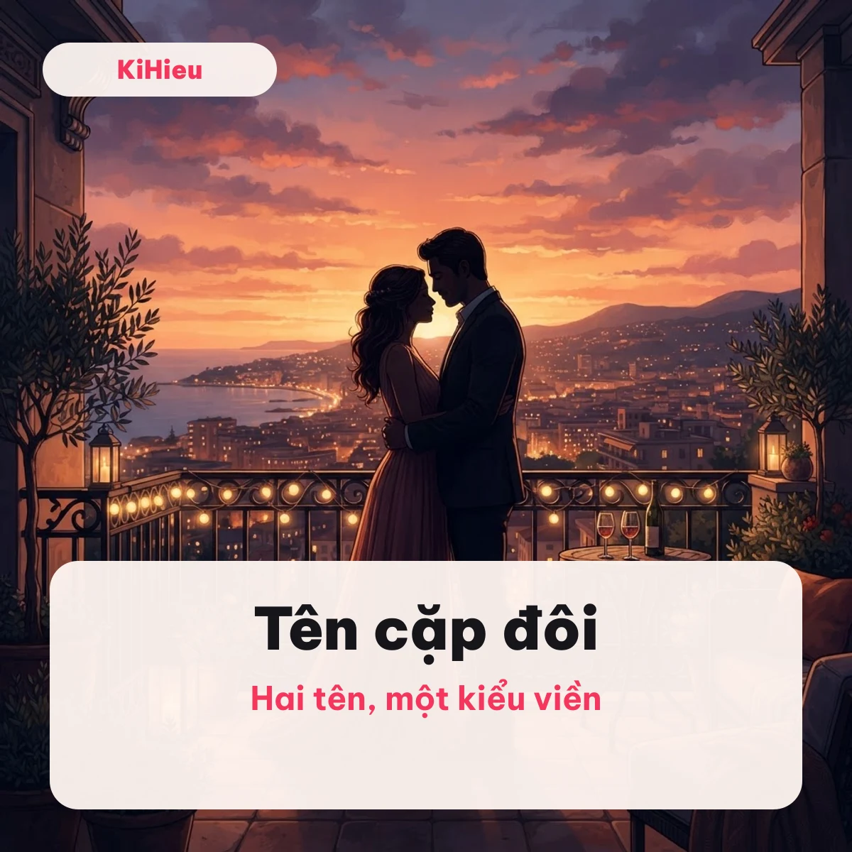 Tên cặp đôi Hai bóng người nắm tay trên ban công lúc hoàng hôn minh hoạ tên cặp đôi