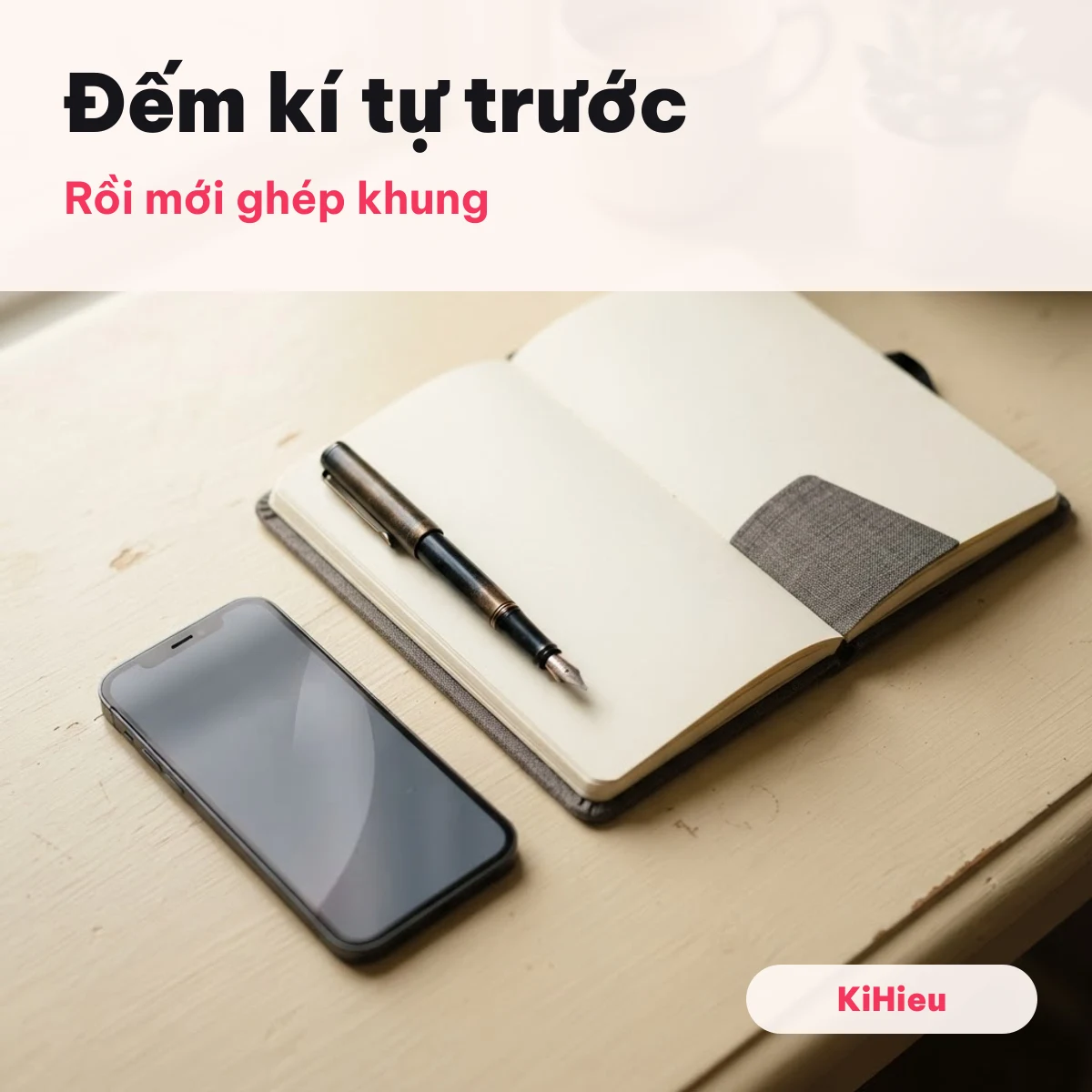 Sổ tay, bút và điện thoại trên bàn kem minh hoạ đếm kí tự khi ghi tên