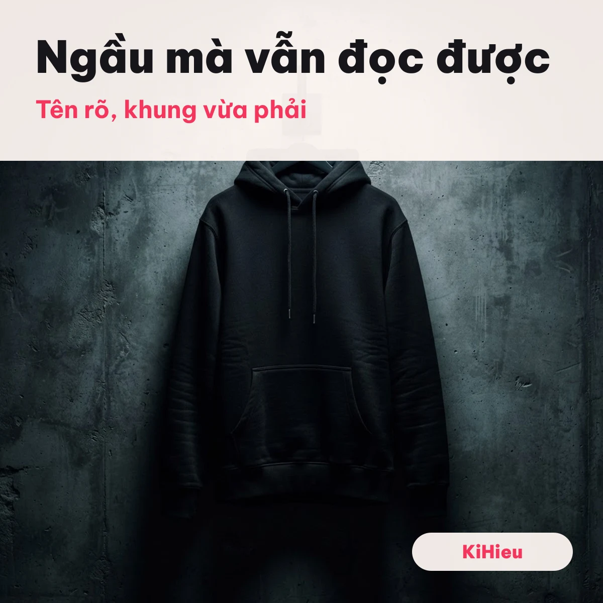 Tên ngầu tối giản Áo hoodie đen treo trên tường bê tông minh hoạ tên ngầu tối giản