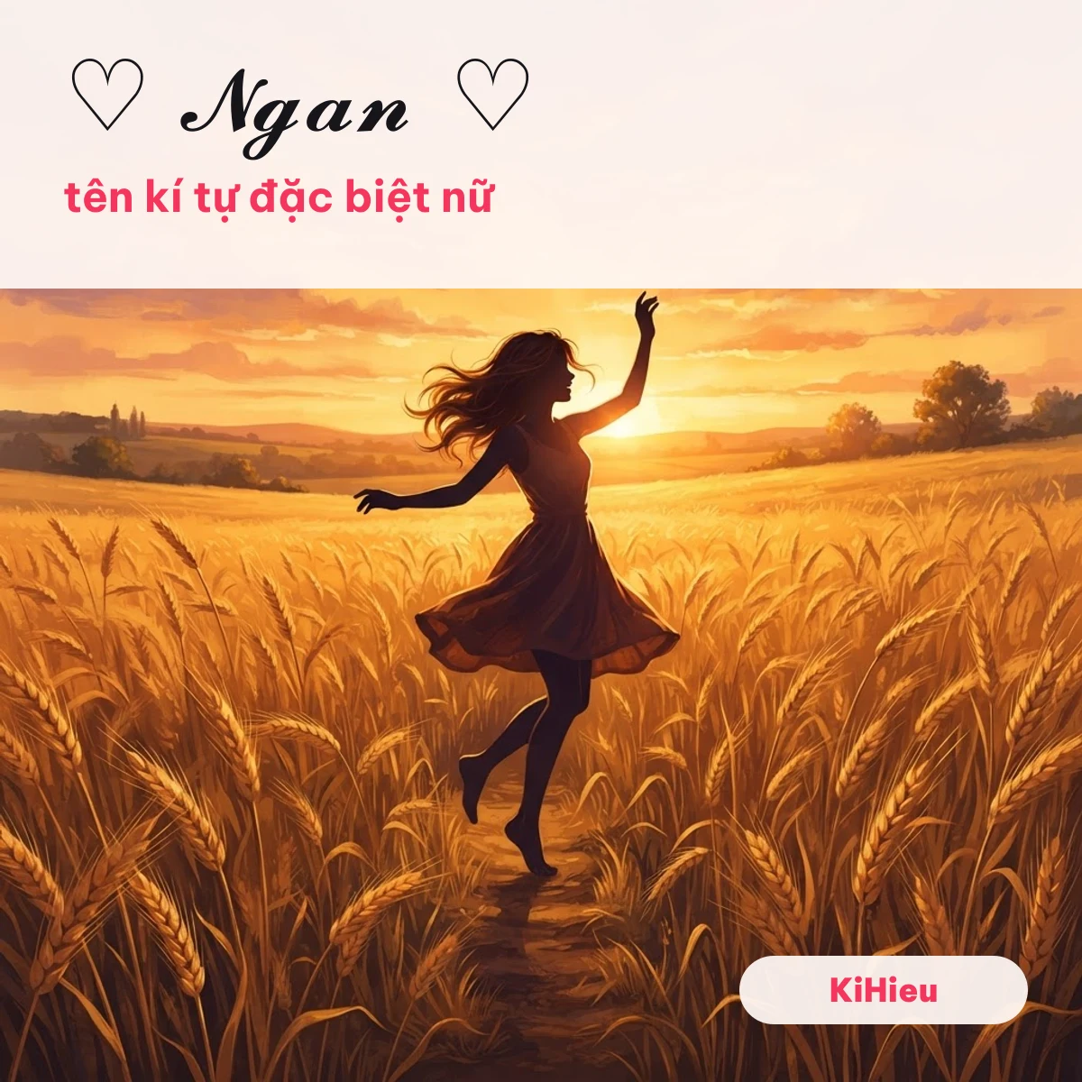 Bóng cô gái nhảy múa giữa cánh đồng lúa mì lúc hoàng hôn, minh hoạ tên kí tự đặc biệt nữ ♡ ✿ 🎀